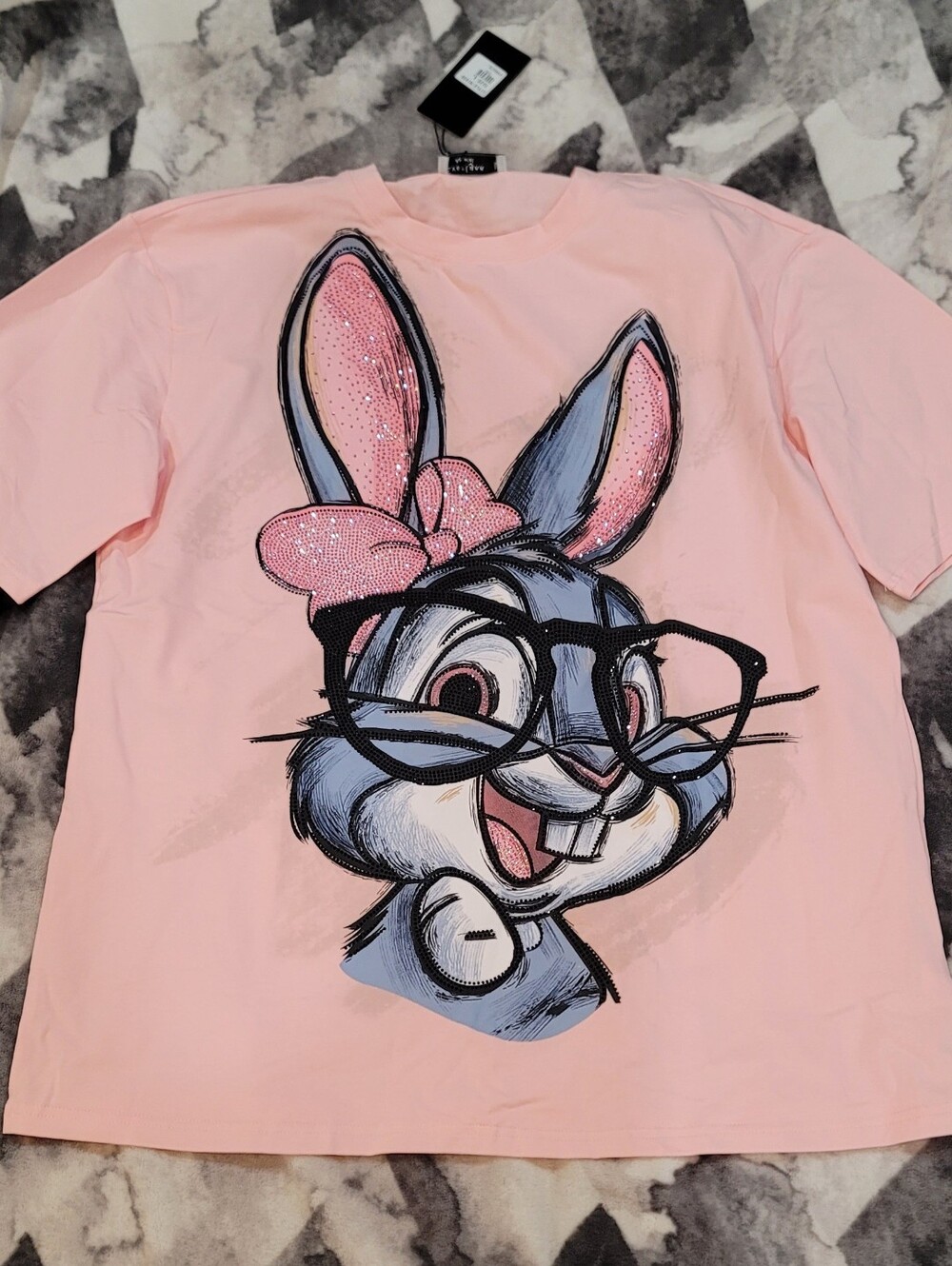 Womens Pink Bunny Graphic Tee with Bow